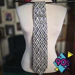 Structure Silk Tie Vintage 90s Blue White Geometric Diamond Pattern Deadstock